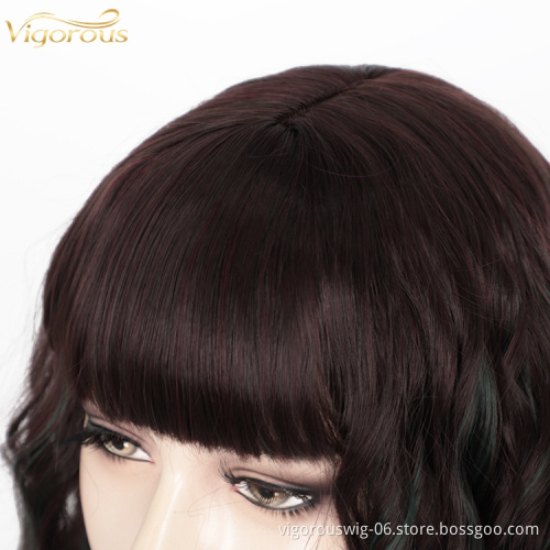 Highlight Color Bob Wavy Curly Wig Synthetic Short Wig with Bangs Natural Looking Heat Resistant Fiber Hair for Women